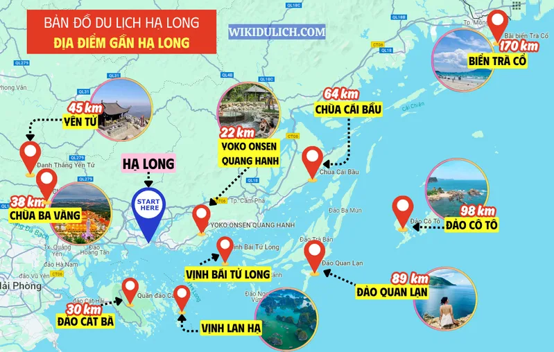 Trên bản đồ du lịch Quảng Ninh, Quan Lạn thuộc tuyến biển đảo Vân Đồn - Bái Tử Long, gần các điểm như Minh Châu và Sơn Hào.
