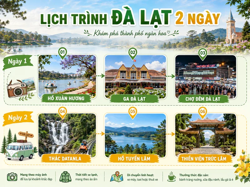 Lịch trình 2 ngày có thể kết hợp hồ Xuân Hương, ga Đà Lạt, chợ đêm, Datanla, hồ Tuyền Lâm và Thiền viện Trúc Lâm.
